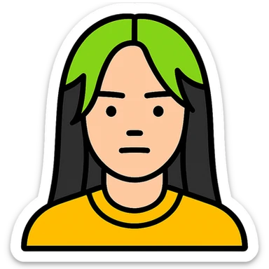 minimalist icon of Billie Eilish with signature green roots, neutral face sticker