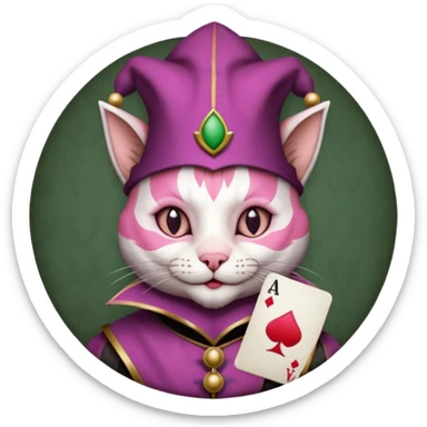 court jester cat medieval, single poker card joker clearly visible, pink, face only, round badge, court jester cap sticker