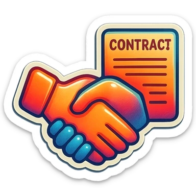 A handshake agreement in retro stickers style, with two hands shaking and a vintage contract sticker