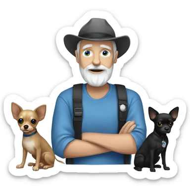 Blue eye Old man with goatee beard ball cap holding black Chihuahua long hair sticker