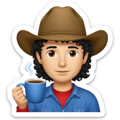 Ranch hand with blue hat and coffee mug, curly black hair, red shirt sticker