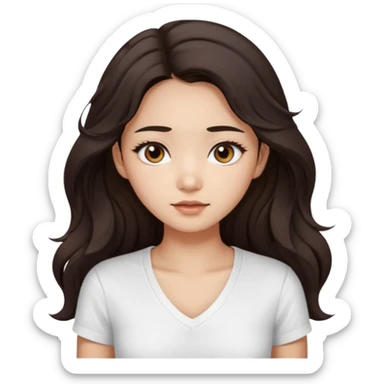 iOS style emoji. girl with very long dark brown wavy hair. And the eyes color is dark brown. And she is wearing white t shirt with V kneck. And she is 30. She is Asian with double eyelids  sticker