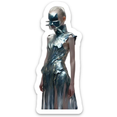 grimes, iris van herpen dress, sword, silver mask, Bathed in shadows, 90 degrees, short lighting, L USM, Cold Colors, gilded technique, extremely hyper aesthetic sticker