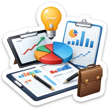 An icon featuring a pie chart, a megaphone, and a clipboard with strategy plans, symbolizing management and marketing. The design includes upward-trending graphs and a lightbulb for innovation, set against a modern office backdrop. Transparent background emphasizes business strategy and communication. sticker
