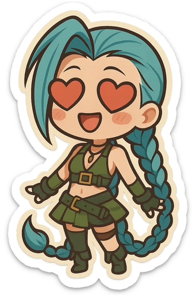 Jinx from League of Legends with heart-shaped eyes, chibi style, wearing a green outfit sticker