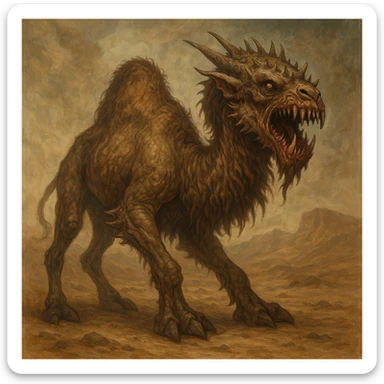 a camel monster, imaginative creature blending camel features with monstrous elements, detailed, fantasy art sticker