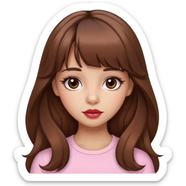 A girly girl with medium skin, soft pinkish cheeks, large bambi dark hazel eyes with long eyelashes, long wavy brown hair with full soft bangs, medium straight nose with a soft tip, medium natural red lips,very feminine and pretty features, sticker