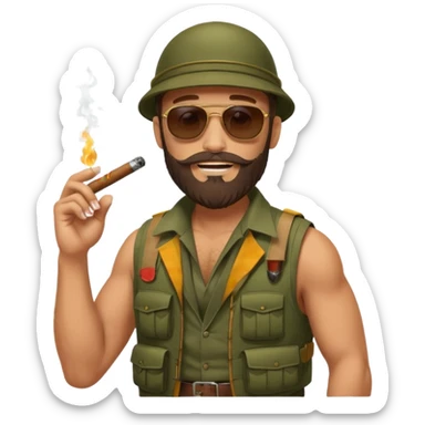 brauny vested sunglasses bearded jungle commando smoking a cigar with a grin sticker