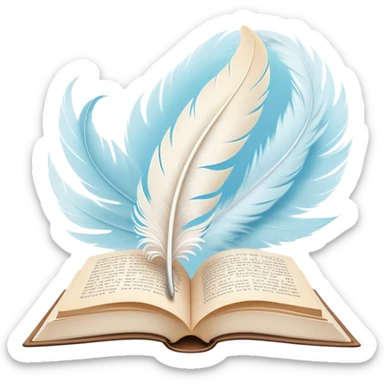 Create a delicate and poetic emoji representing poetry. The design should feature several elegantly flying pages with short poetic columns written on them. The pages should appear light and flowing, almost as if being carried by the wind. Include a white feather gently resting on the pages, symbolizing creativity and inspiration. Use soft, pastel tones to give it a dreamy, artistic feel. The design should feel ethereal and whimsical, capturing the essence of poetry. Make the background transparent. sticker