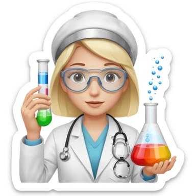 A person wearing safety goggles, a stethoscope, and a white coat. In one hand they hold a test tube containing chemicals  sticker