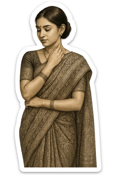 A girl wearing a saree, holding her own neck, South Asian features, elegant pose, intricate patterns, no background sticker