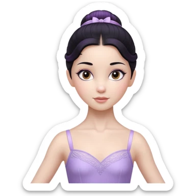 Cinematic Realistic ballerina Light Purple Portrait, depicted with lifelike skin texture, subtle rosy undertones, and soft natural lighting that enhances the gentle contours of her face. Her intricately detailed sweet black hair is elegantly styled, sticker