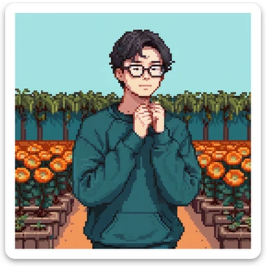 A young man with short black hair and glasses, standing outdoors with both hands forming a flower pose under his chin, wearing a dark teal sweatshirt, bright cheerful vibe, blurry street scene with cars and trees in the background, detailed pixel art style sticker