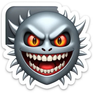 Stylized emoji icon of metallic teeth with sharp fangs, chrome texture, dark shadows, aggressive look sticker