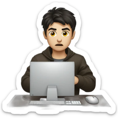 Angry dark haired russian boy with a computer sticker