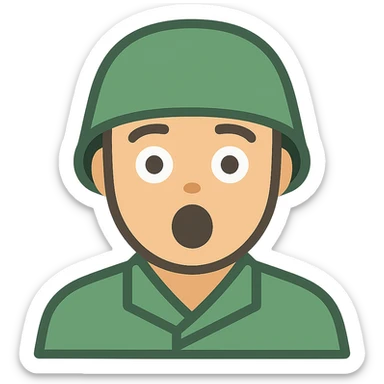 Make this shocked soldier icon colorful with a green helmet, natural skin, and expressive facial features. Keep the bold, simple lines and a transparent background. sticker