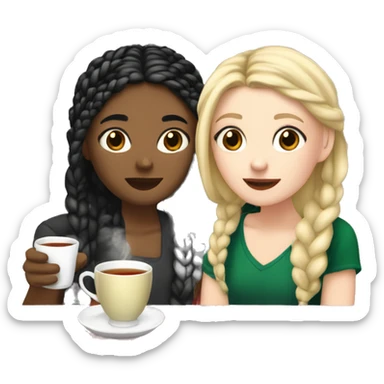 White girl with blonde hair and Asian girl with black hair in braids, drinking tea at Christmas time sticker