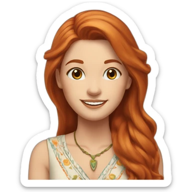 redhead white woman medium long straight hair, greets smiling, wearing boho dress sticker