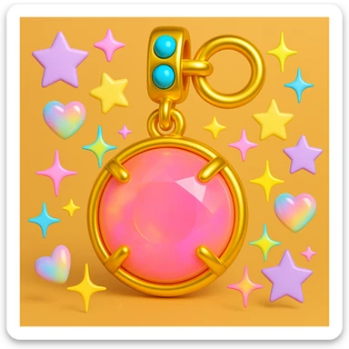 add more Y2K accents: pastel stars, iridescent hearts, and neon sparkles around the elegant round cut pink sapphire holographic charm with gold setting and gold jump ring, extreme close-up, 3D emoji style sticker