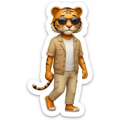 anthropomorphised tiger in casual clothes with sunglasses walking upright, relaxed pose sticker