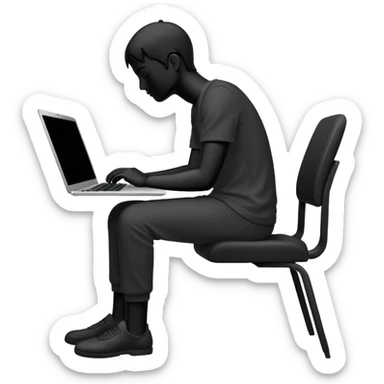 Minimalistic flat vector icon, iOS style, thin black contour on white background. Person silhouette sitting with a laptop, code brackets <> on the screen. Clean, no te sticker