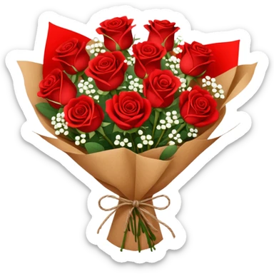 A brown paper-wrapped bouquet of fresh roses and baby’s breath sticker
