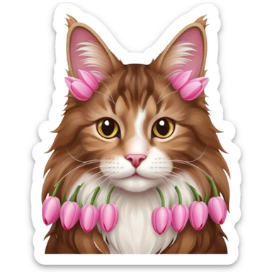 A cute  little  brown and white Maine coon and Pink tulip sticker