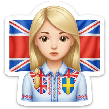 Ukrainian girl in an embroidered shirt against the background of the British flag sticker