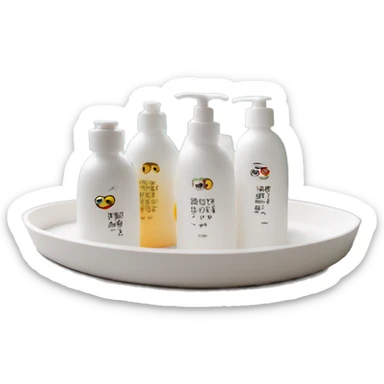 korean skincare bottles standing on bathroom tray side view sticker