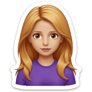 Sarah Michelle Gellar with hazel eyes, strawberry blonde long hair, purple shirt sticker