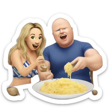 Victoria coren-mitchell and Phil Mitchell eating mashed potatoes on the beach sticker