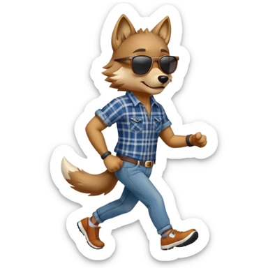 friendly anthropomorphised wolf in jeans and plaid shirt, wearing dark sunglasses, jogging upright in relaxed pose sticker