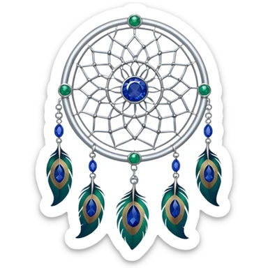 a Silver Dreamcatcher with sapphire-stones and emerald-stones, and with peacock-feathers. Big sapphire gem in the middle. Many tiny emerald gems around it.   sticker