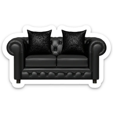 Hyperrealistic mirco-detailed, black leather Luxury couch, with two black silk patterned print decorative pillows, in a trending now style. Sill life, no emoji icons, no emoji faces, no human figures, 8k sticker