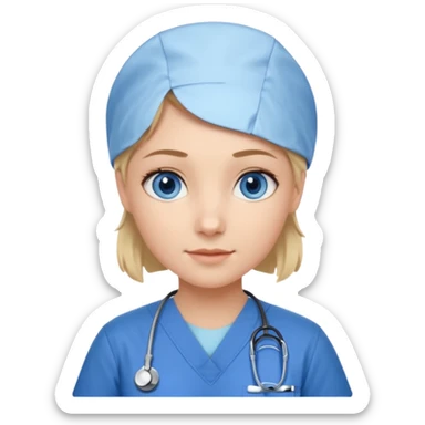 Nurse blue eyes short blond blue scrubs no hat sticker