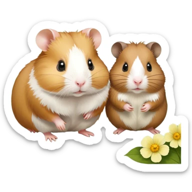 Icon for Hamster and Guinea Pig: A portrait-style collage with a fluffy hamster with soft fur, looking curious, and a friendly guinea pig with long, smooth fur, both on a soft green background with flowers and soft light. Transparent background. sticker