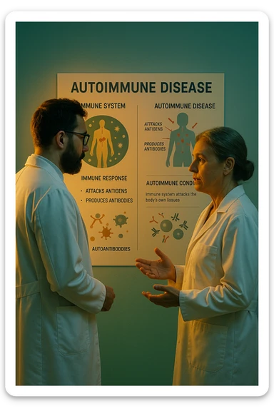 Realistic, detailed photo taken from behind of two doctors—a bearded man and a middle-aged woman—standing and facing each other as they discuss an autoimmune disease diagnosis in front of a medical chart that displays information about the immune system and autoimmune conditions. The scene is illuminated by a yellowish, orange, warm light that softly envelops the doctors. The entire room is bathed in a single green-blue color, creating a cohesive and modern atmosphere. Both doctors wear white coats, and their body language suggests a serious, professional conversation about the complexities of autoimmune diseases. Shot with a Canon EOS R5, with high detail and natural depth of field. sticker