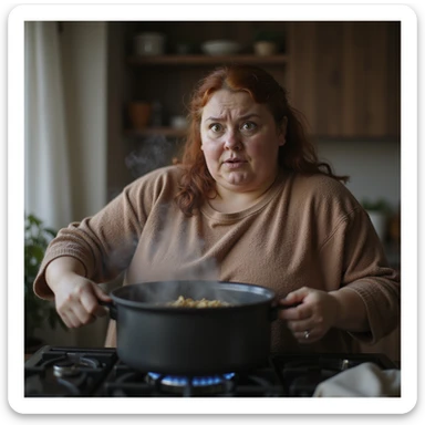Obese woman forgetting a pot on the stove, surprised and confused expression, home environment, hyperrealistic 4K details. sticker