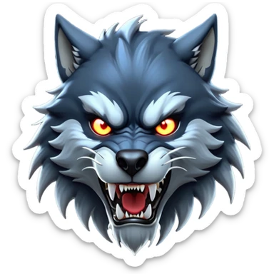 cinematic-noble-fierce-werewolf-head-close-up-emoji, poised-and-imposing, with a fierce wolfish face featuring glowing eyes full of primal ferocity, sharp, elongated fangs and a rugged snout, fur rippling in shades of midnight black and silver, muscles tensed and hunched over in an intense, threatening stance; rendered with realism, capturing the raw, untamed power of the beast beneath the moonlit sky sticker