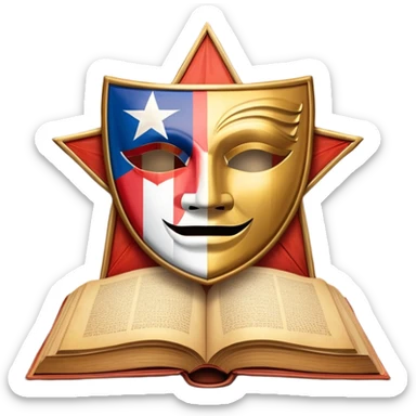 Ancient leatherbound book with prominent Puerto Rican flag star in center of cover, wooden theater masks and curtains framing the edges, warm amber glow emanating from pages, vintage textured parchment sticker