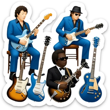Icon for Blues Music: close-up collage of legendary blues artists. Gary Moore, Eric Clapton, B.B. King and Joe Cocker. Represented by silhouettes or symbolic items like guitars, microphones, or music notes, reflecting the soulful energy of blues music. Transparent background. sticker