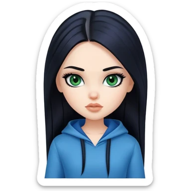 pretty bratz girl, long straight black hair, dark green eyes, black eyeliner, pale skin, blue style sticker