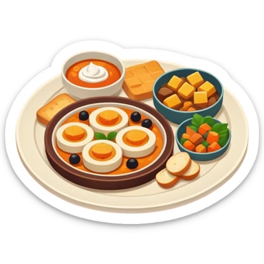 Homemade dishes on a plate, warm cozy colors, simple shapes, flat design, high contrast, friendly and inviting. sticker