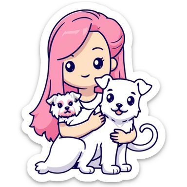 Girl with long flowing pink hair holding a white schnauzer dog sticker