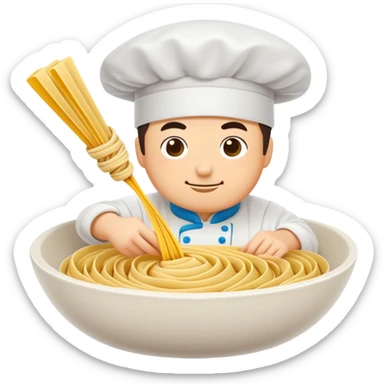 Shanxi knife-cut noodles with chef slicing dough, simplified emoji style with bold outlines and bright colors, cartoon style flying noodle strips sticker