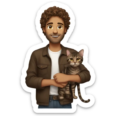 Man with brown curly hair holding dark brown tabby cat sticker