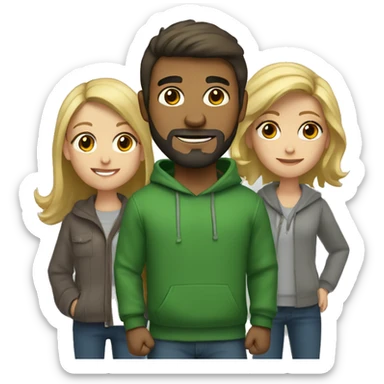 two girls and one guy. one of the girls is a blonde in a green sweater, the other has brown hair and wear gray hoodie, in the middle is a guy with dark hair and a beard sticker