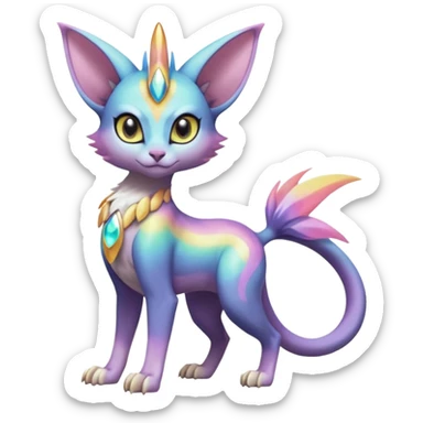 Colorful soft vibrant pastel shiny gradiented Meloetta-Spyro-Sphynx-Lykoi-Sergal-Renamon-Wargreymon-Pokémon-Digimon-Fakémon-fusion-hybrid-creature sticker