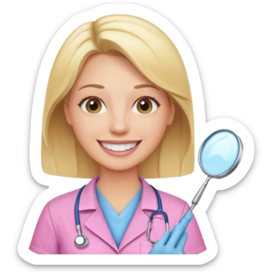 dentista mulher, loira, pele branca, camisa rosa, sorrindo transmitindo verdade e confiança sticker