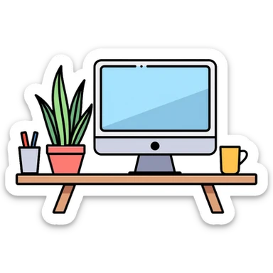 Clean and organized workspace desk with a computer monitor and a small potted plant, minimal clutter, organized office supplies sticker